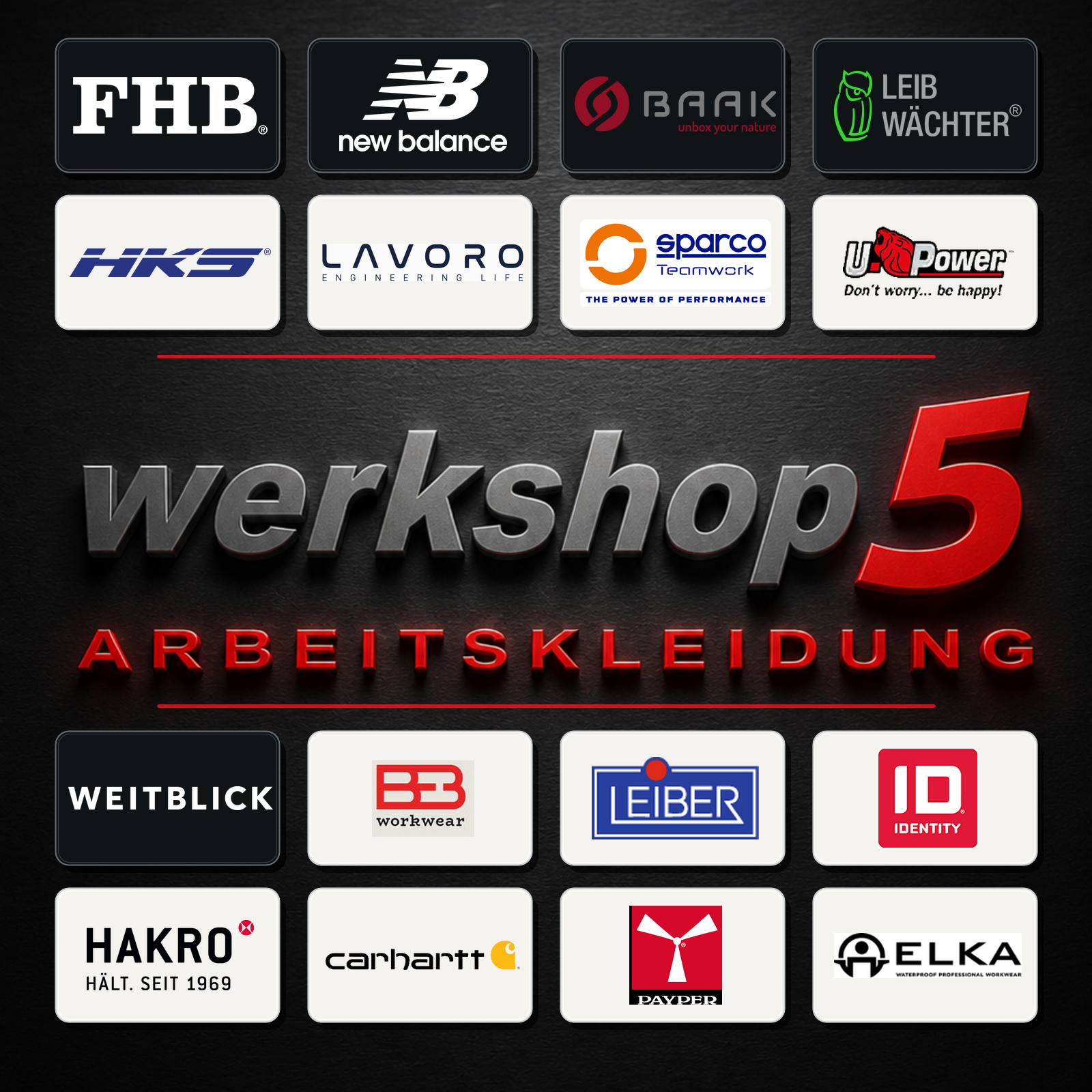 Markenübersicht für Arbeitskleidung, Workwear und Sicherheitsschuhe bei werkshop5